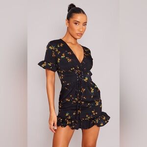 PrettyLittleThing Sz 6 Black Floral Corset Swing Dress